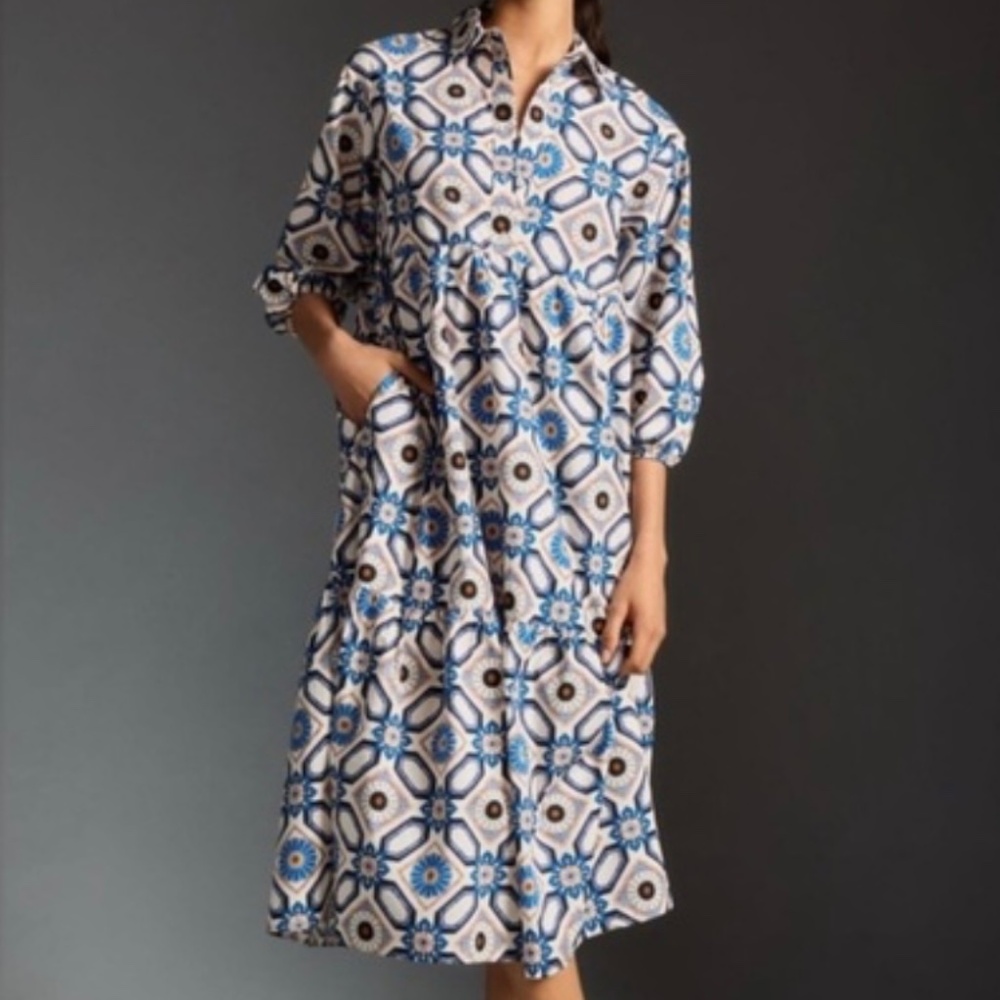 Anthropologie Bettina Tiered Shirt Dress by Maeve, Size Small, Color Sapphire